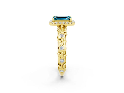 Yellow gold Emerald Cut Halo Diamond Solitaire with Filigree Band and Four-Prong Setting_2