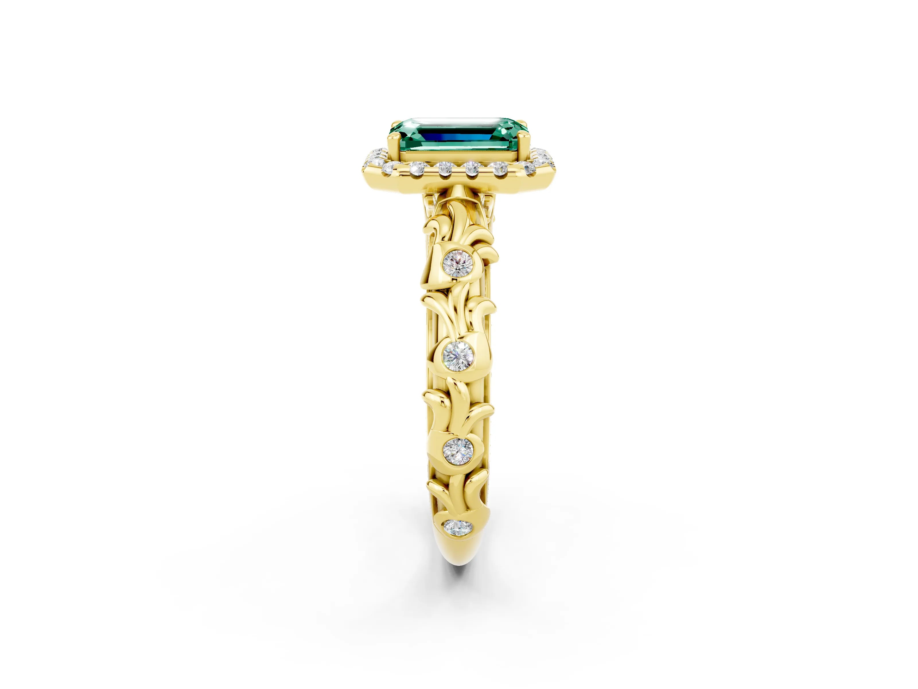 Yellow gold Emerald Cut Halo Diamond Solitaire with Filigree Band and Four-Prong Setting_2
