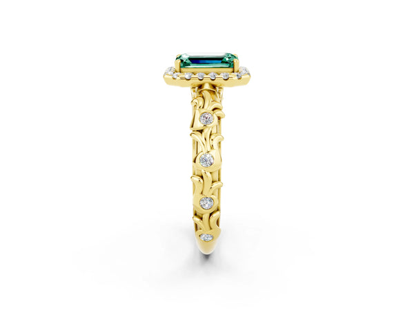 Yellow gold Emerald Cut Green Sapphire Halo Ring with Filigree Band and Prong Setting