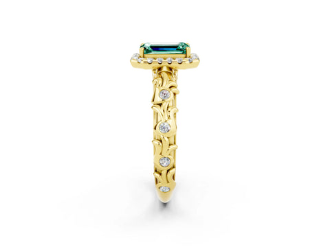 Yellow gold Emerald Cut Halo Diamond Solitaire with Filigree Band and Four-Prong Setting_2