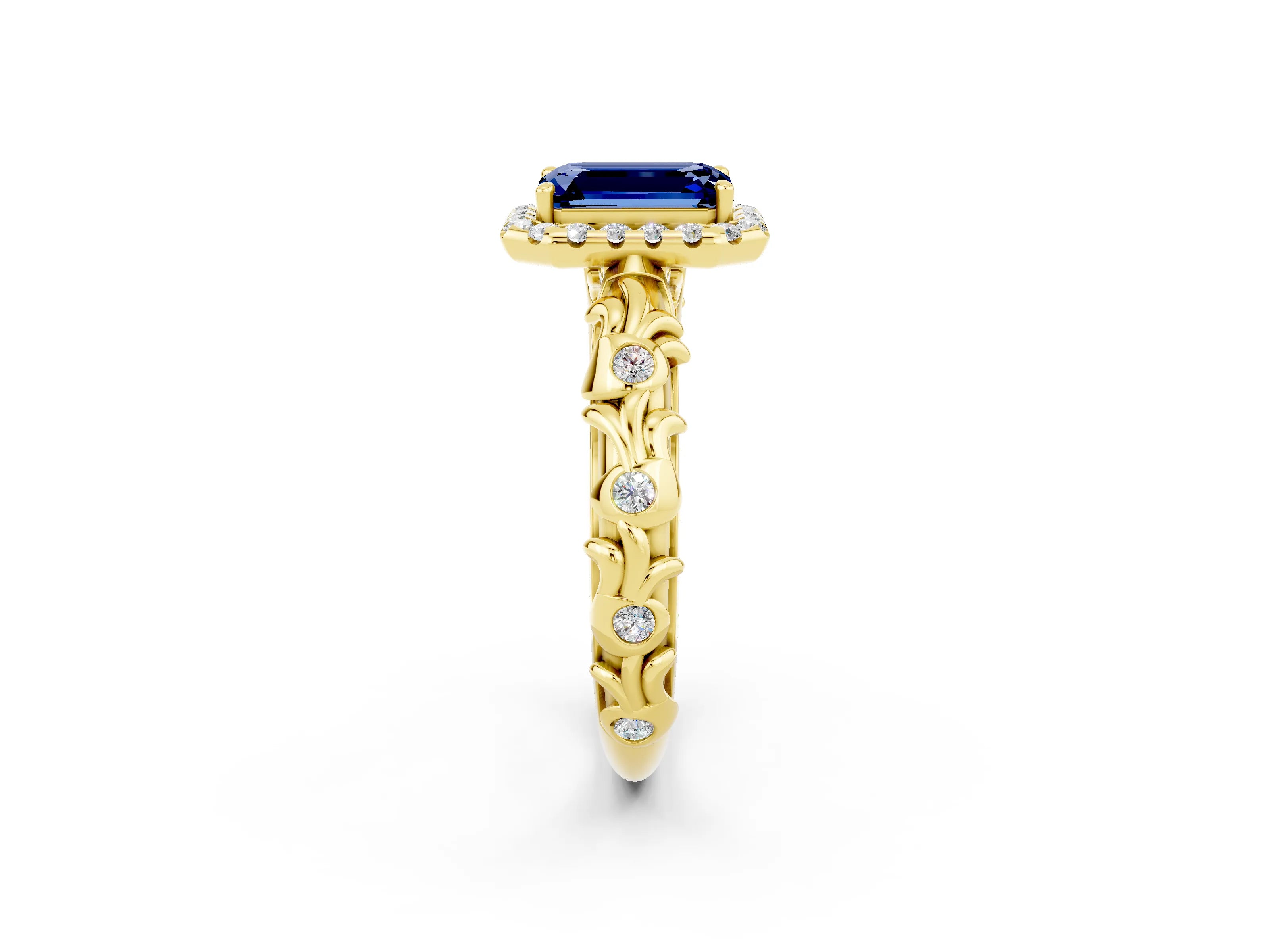 Yellow gold Emerald Cut Halo Diamond Solitaire with Filigree Band and Four-Prong Setting_2