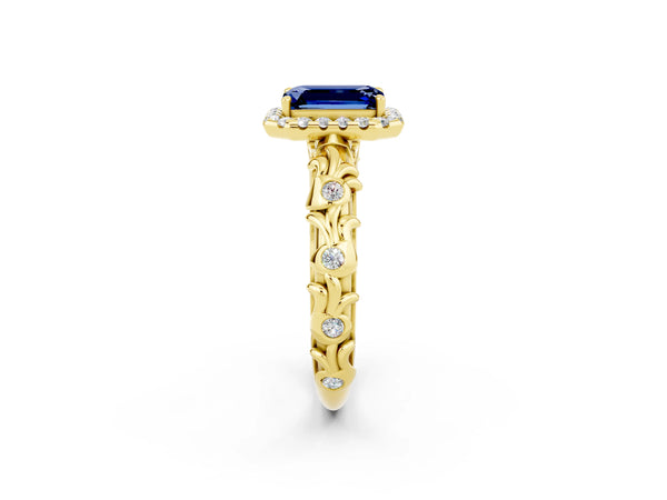 Yellow gold Emerald Cut Blue Sapphire Halo Ring with Filigree Band and Prong Setting