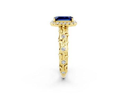 Yellow gold Emerald Cut Halo Diamond Solitaire with Filigree Band and Four-Prong Setting_2