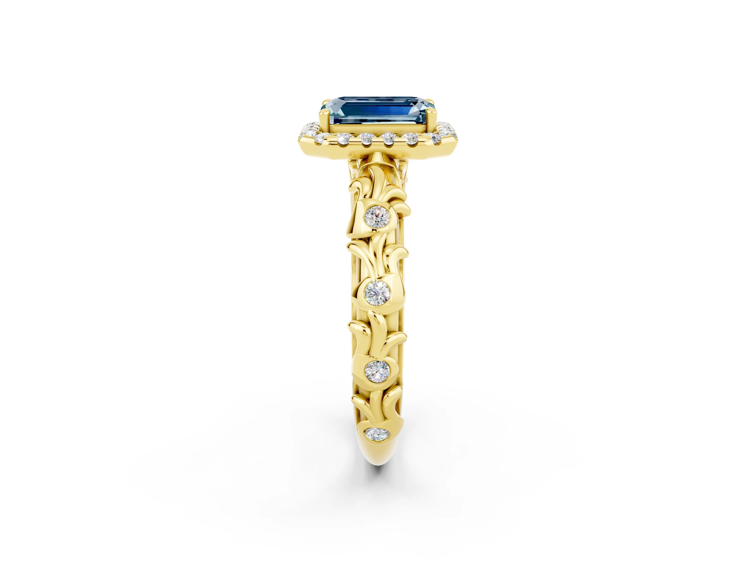 Yellow gold Emerald Cut Halo Diamond Solitaire with Filigree Band and Four-Prong Setting_2