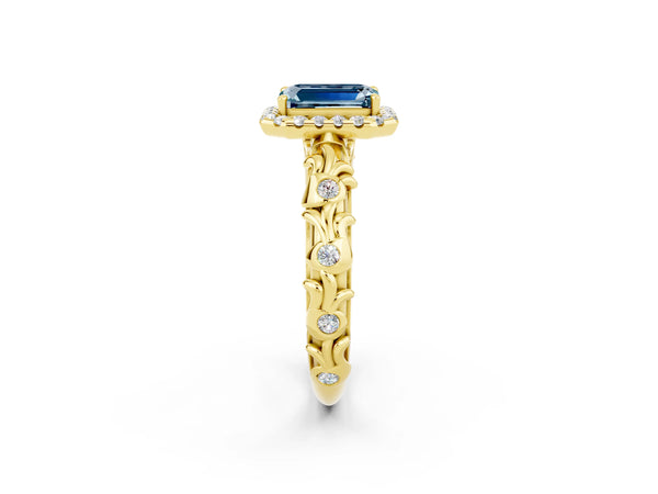 Yellow gold Emerald Cut Aquamarine Halo Ring with Filigree Band and Prong Setting
