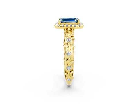 Yellow gold Emerald Cut Halo Diamond Solitaire with Filigree Band and Four-Prong Setting_2
