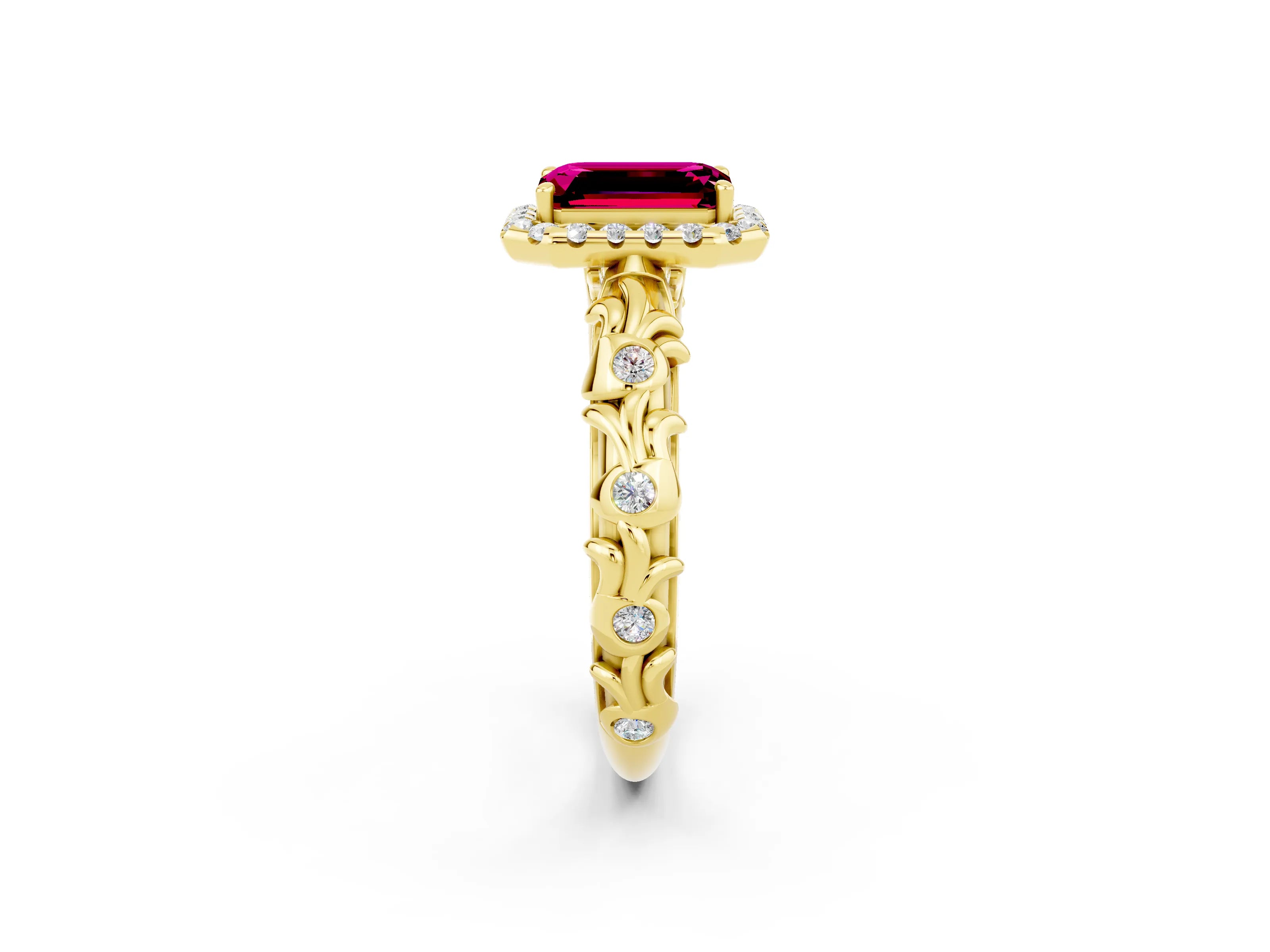 Yellow gold Emerald Cut Halo Diamond Solitaire with Filigree Band and Four-Prong Setting_2