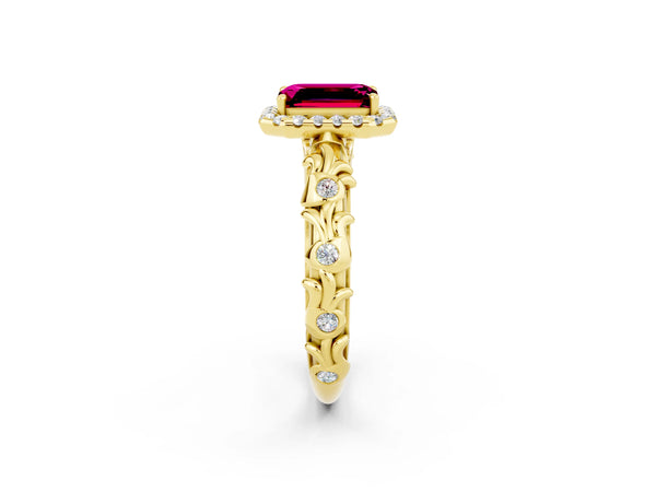 Yellow gold Emerald Cut Garnet Halo Ring with Filigree Band and Prong Setting