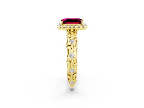 Yellow gold Emerald Cut Halo Diamond Solitaire with Filigree Band and Four-Prong Setting_2