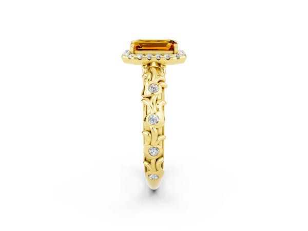 Yellow gold Emerald Cut Citrine Halo Ring with Filigree Band and Prong Setting