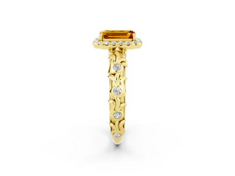 Yellow gold Emerald Cut Halo Diamond Solitaire with Filigree Band and Four-Prong Setting_2