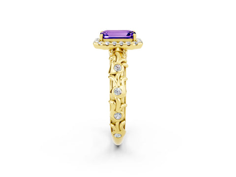 Yellow gold Emerald Cut Halo Diamond Solitaire with Filigree Band and Four-Prong Setting_2