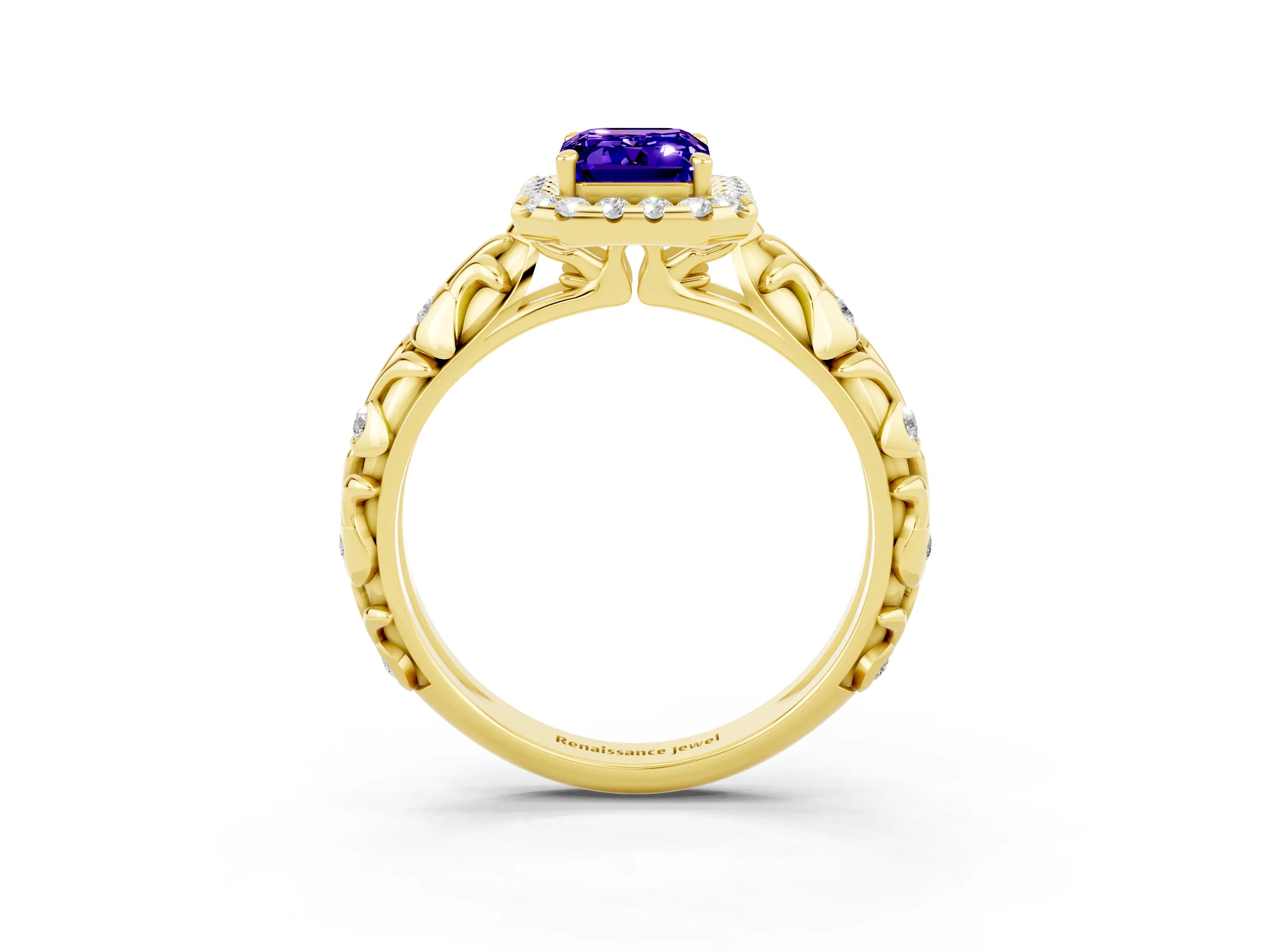 Yellow gold Emerald Cut Halo Diamond Solitaire with Filigree Band and Four-Prong Setting_3