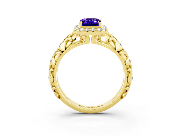 Yellow gold Emerald Cut Tanzanite Halo Ring with Filigree Band and Prong Setting