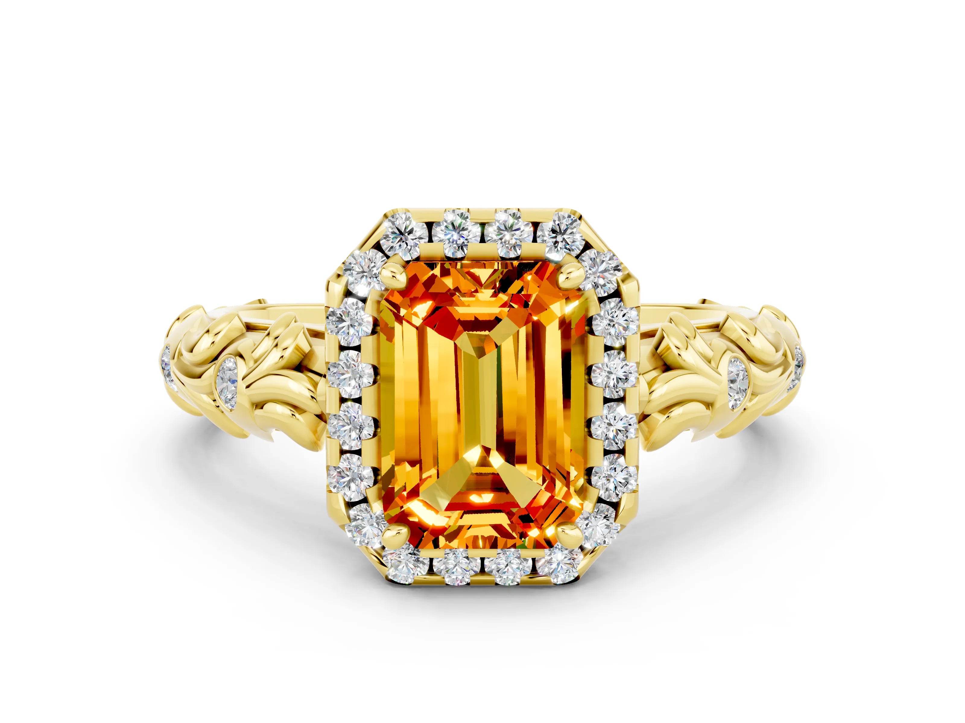 Yellow gold Emerald Cut Halo Diamond Solitaire with Filigree Band and Four-Prong Setting
