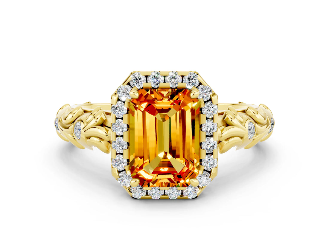 Yellow gold Emerald Cut Halo Diamond Solitaire with Filigree Band and Four-Prong Setting