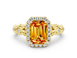 Yellow gold Emerald Cut Halo Diamond Solitaire with Filigree Band and Four-Prong Setting