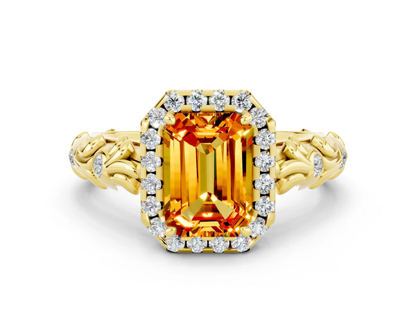 Yellow gold Emerald Cut Citrine Halo Ring with Filigree Band and Prong Setting
