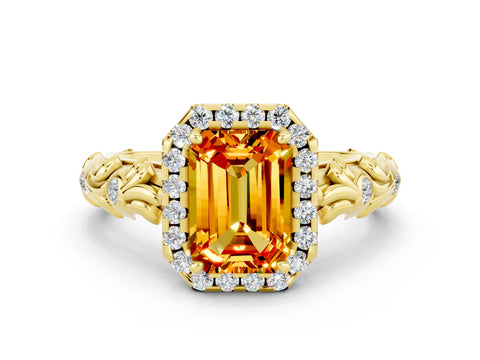 Yellow gold Emerald Cut Halo Diamond Solitaire with Filigree Band and Four-Prong Setting