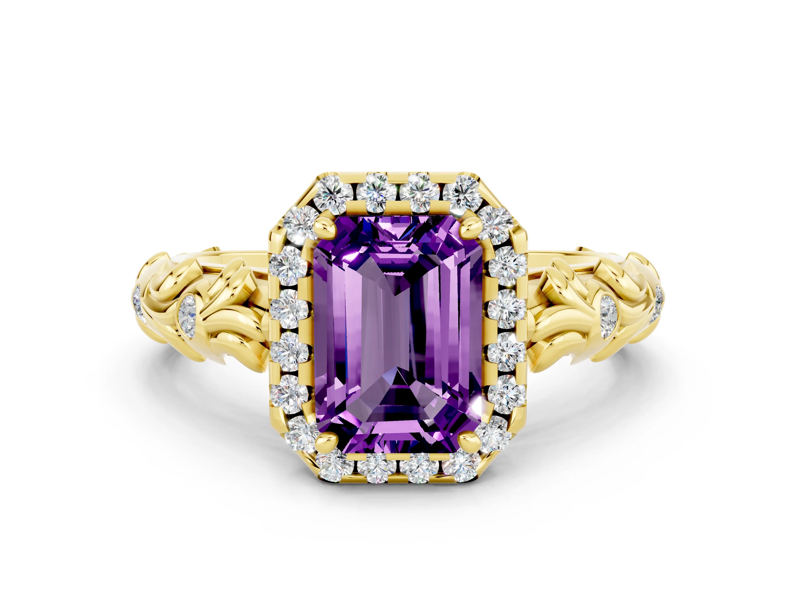 Yellow gold Emerald Cut Halo Diamond Solitaire with Filigree Band and Four-Prong Setting