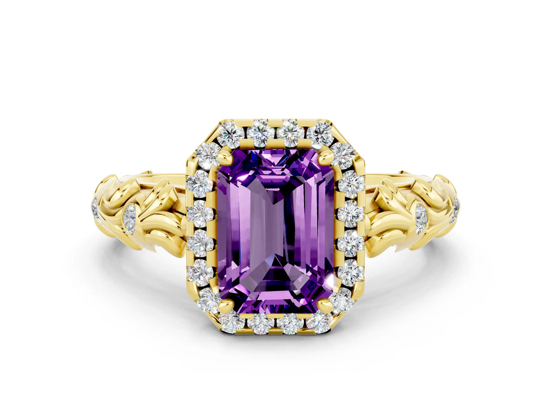Yellow gold Emerald Cut Halo Diamond Solitaire with Filigree Band and Four-Prong Setting
