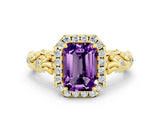 Yellow gold Emerald Cut Halo Diamond Solitaire with Filigree Band and Four-Prong Setting