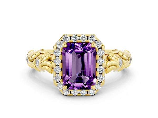 Yellow gold Emerald Cut Amethyst Halo Ring with Filigree Band and Prong Setting
