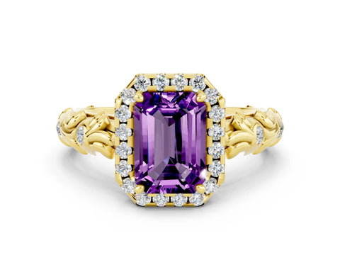 Yellow gold Emerald Cut Halo Diamond Solitaire with Filigree Band and Four-Prong Setting