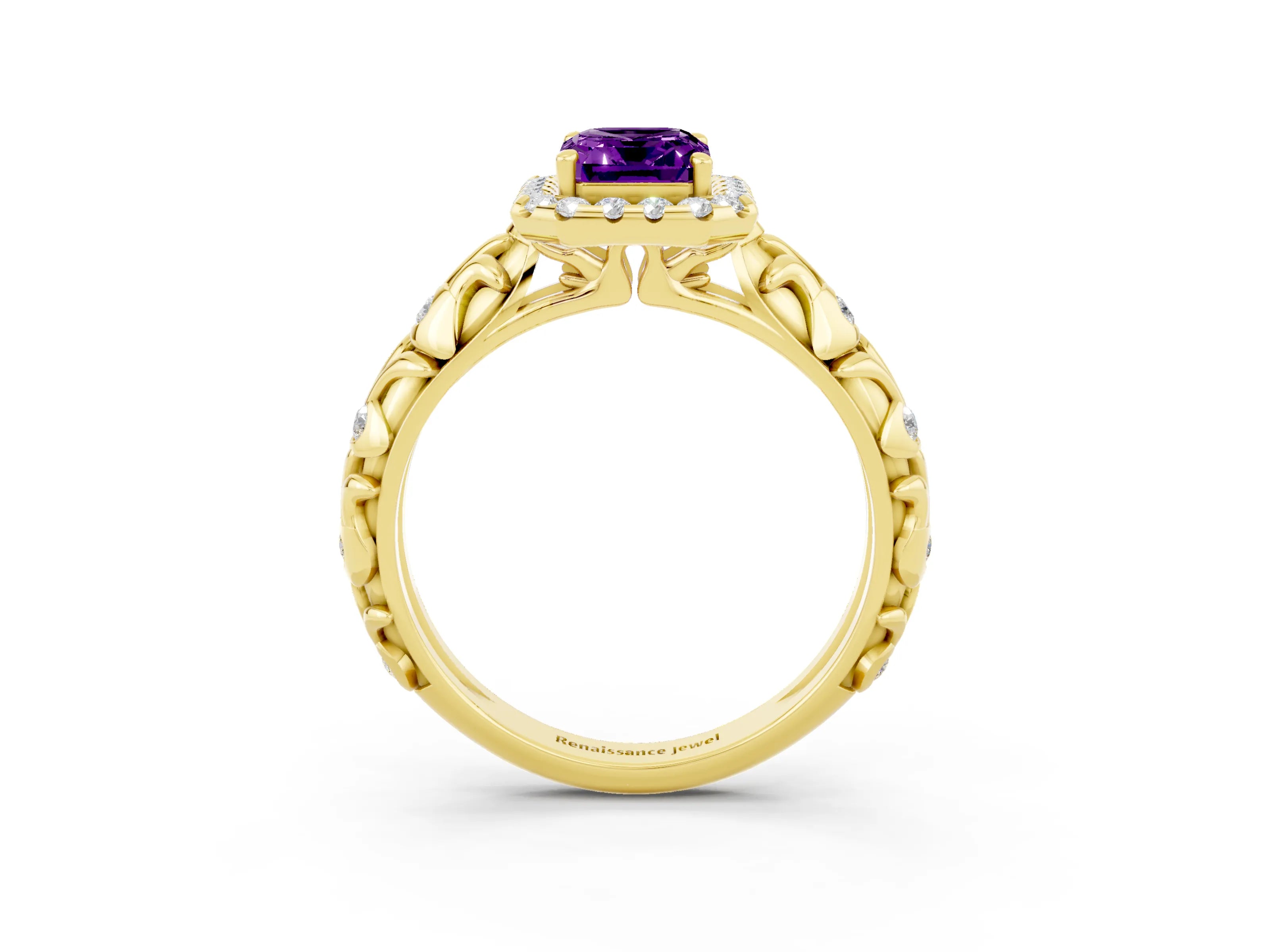 Yellow gold Emerald Cut Halo Diamond Solitaire with Filigree Band and Four-Prong Setting_3