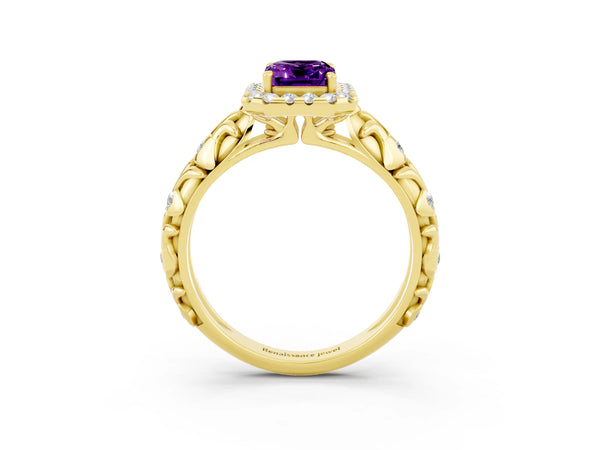 Yellow gold Emerald Cut Amethyst Halo Ring with Filigree Band and Prong Setting