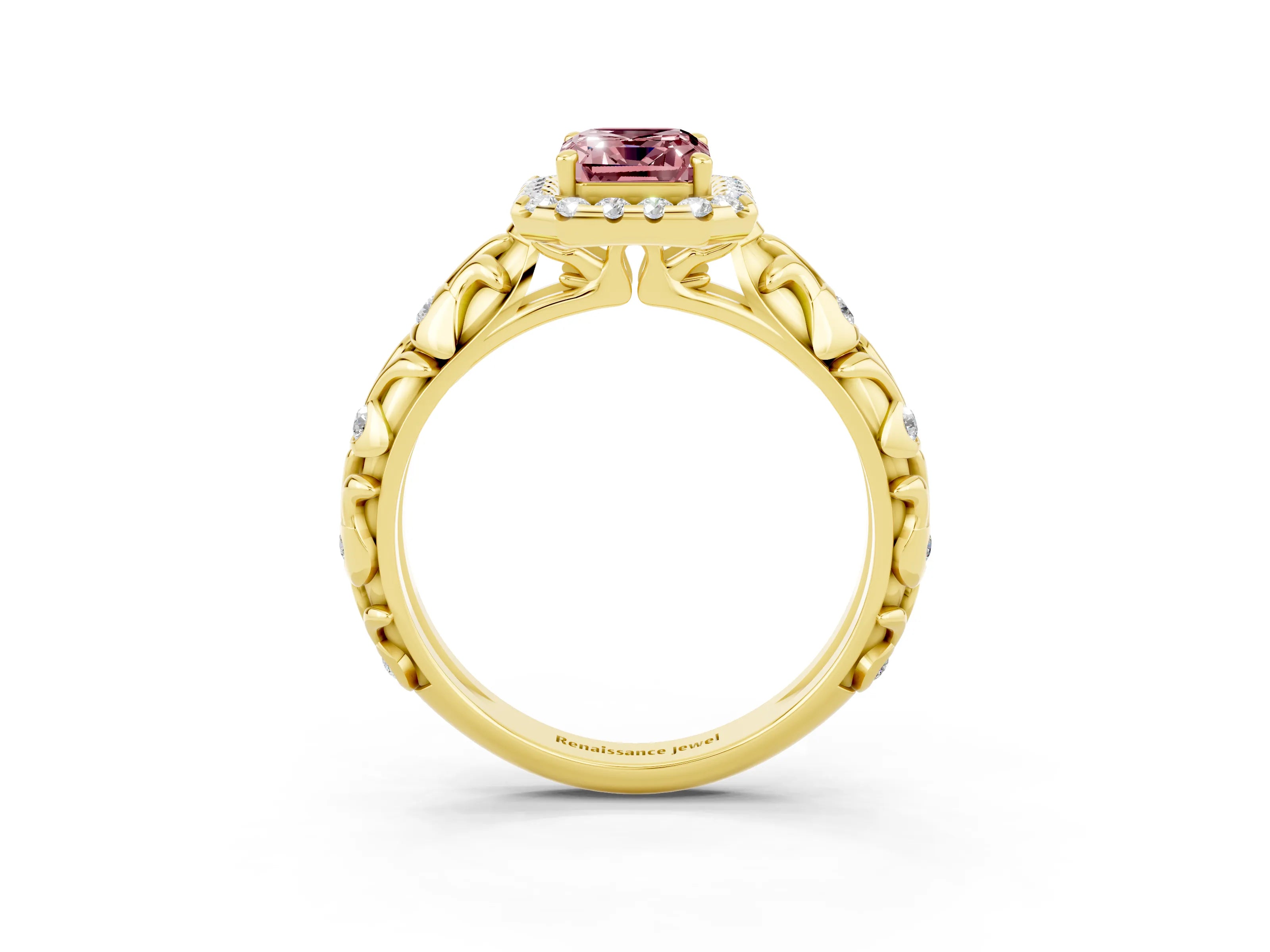 Yellow gold Emerald Cut Halo Diamond Solitaire with Filigree Band and Four-Prong Setting_3