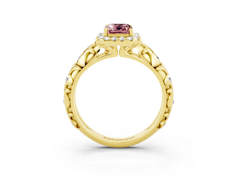 Yellow gold Emerald Cut Halo Diamond Solitaire with Filigree Band and Four-Prong Setting_3