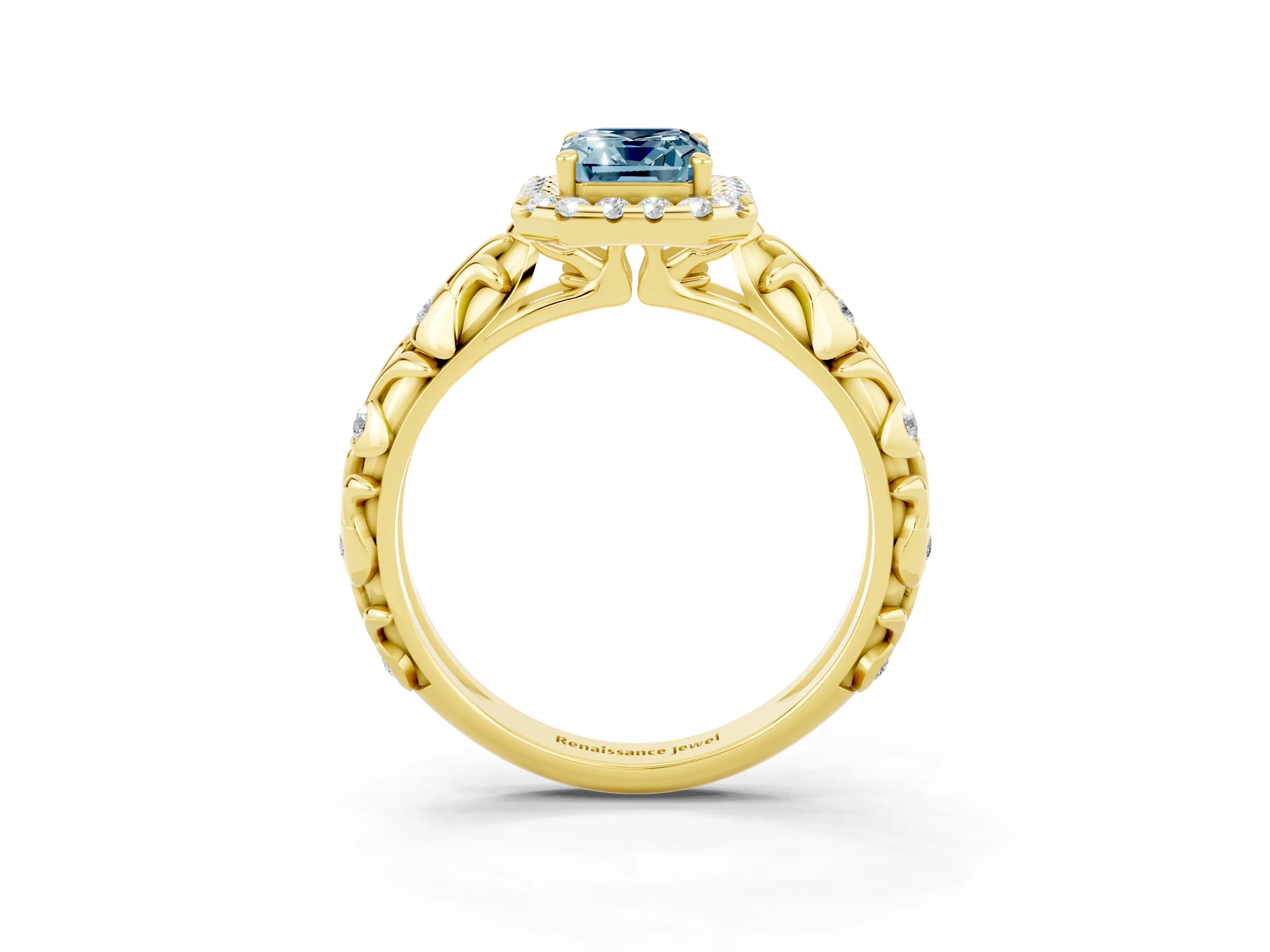 Yellow gold Emerald Cut Halo Diamond Solitaire with Filigree Band and Four-Prong Setting_3