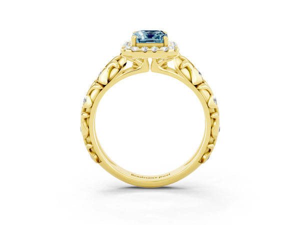 Yellow gold Emerald Cut Aquamarine Halo Ring with Filigree Band and Prong Setting