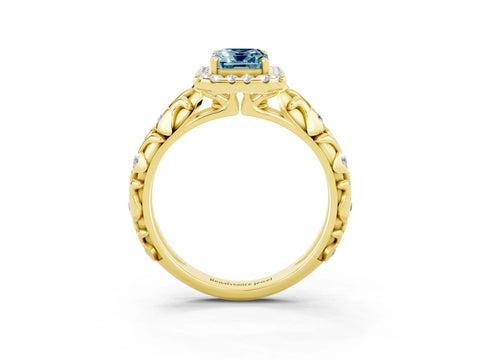 Yellow gold Emerald Cut Halo Diamond Solitaire with Filigree Band and Four-Prong Setting_3