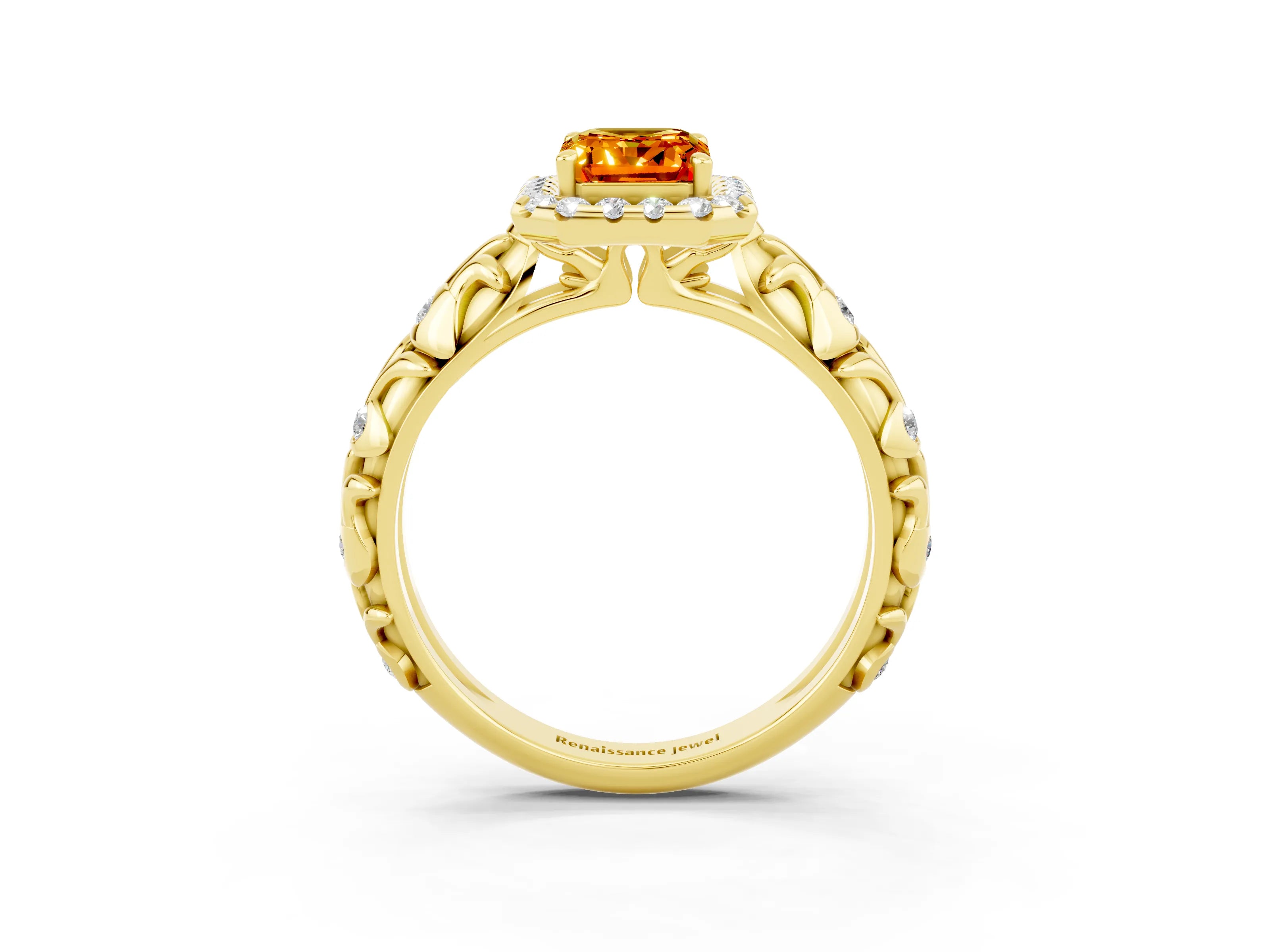 Yellow gold Emerald Cut Halo Diamond Solitaire with Filigree Band and Four-Prong Setting_3
