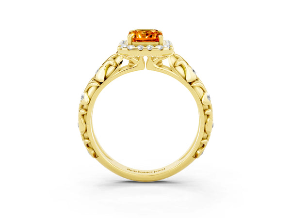Yellow gold Emerald Cut Citrine Halo Ring with Filigree Band and Prong Setting