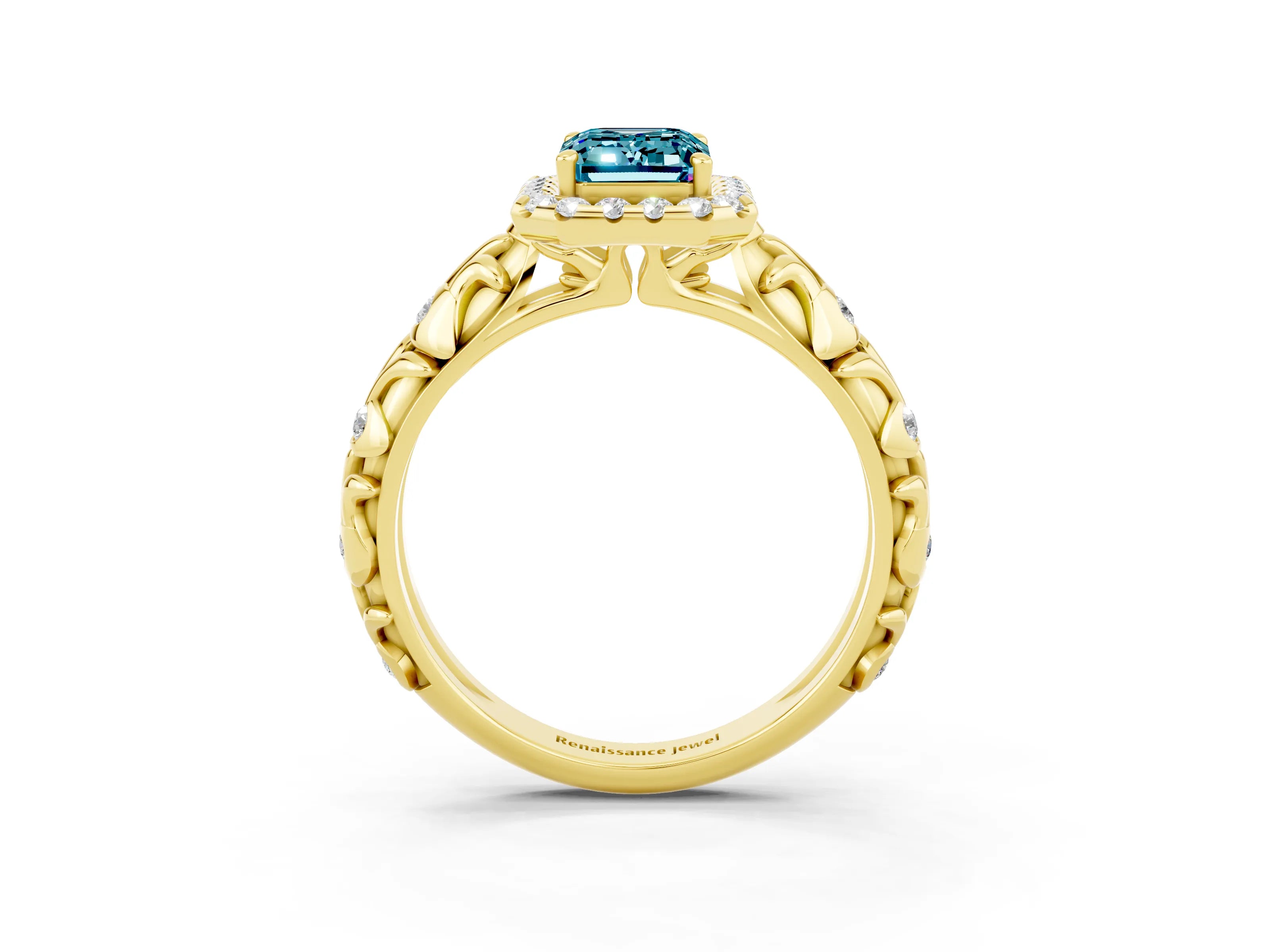 Yellow gold Emerald Cut Halo Diamond Solitaire with Filigree Band and Four-Prong Setting_3