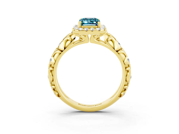 Yellow gold Emerald Cut Halo Diamond Solitaire with Filigree Band and Four-Prong Setting