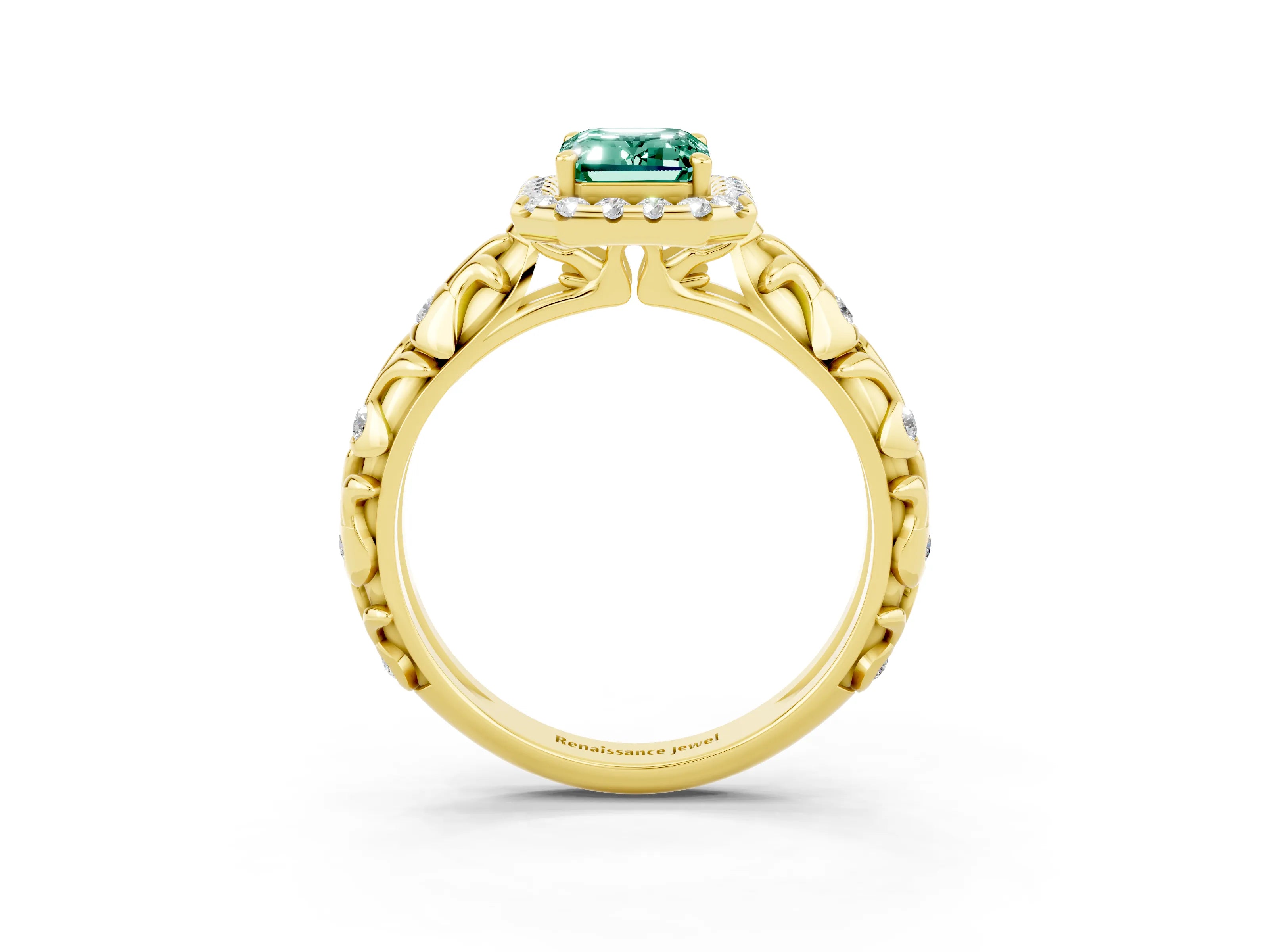 Yellow gold Emerald Cut Halo Diamond Solitaire with Filigree Band and Four-Prong Setting_3