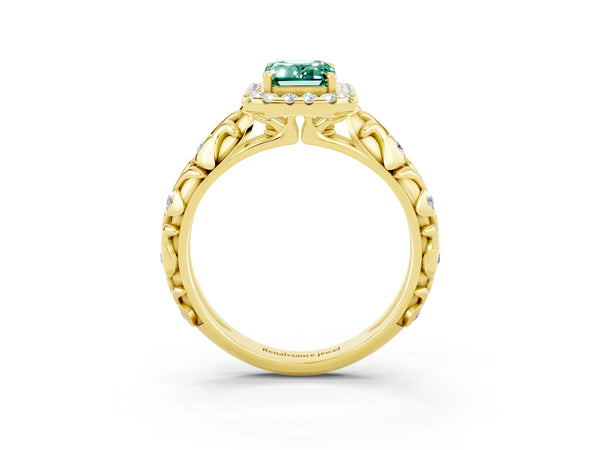 Yellow gold Emerald Cut Green Sapphire Halo Ring with Filigree Band and Prong Setting