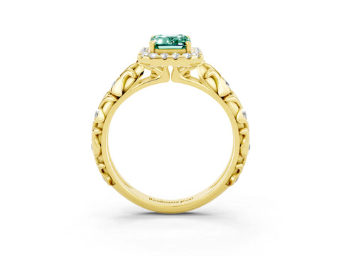 Yellow gold Emerald Cut Halo Diamond Solitaire with Filigree Band and Four-Prong Setting_3