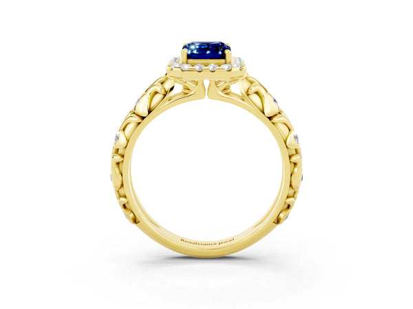 Yellow gold Emerald Cut Blue Sapphire Halo Ring with Filigree Band and Prong Setting