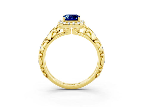 Yellow gold Emerald Cut Halo Diamond Solitaire with Filigree Band and Four-Prong Setting_3
