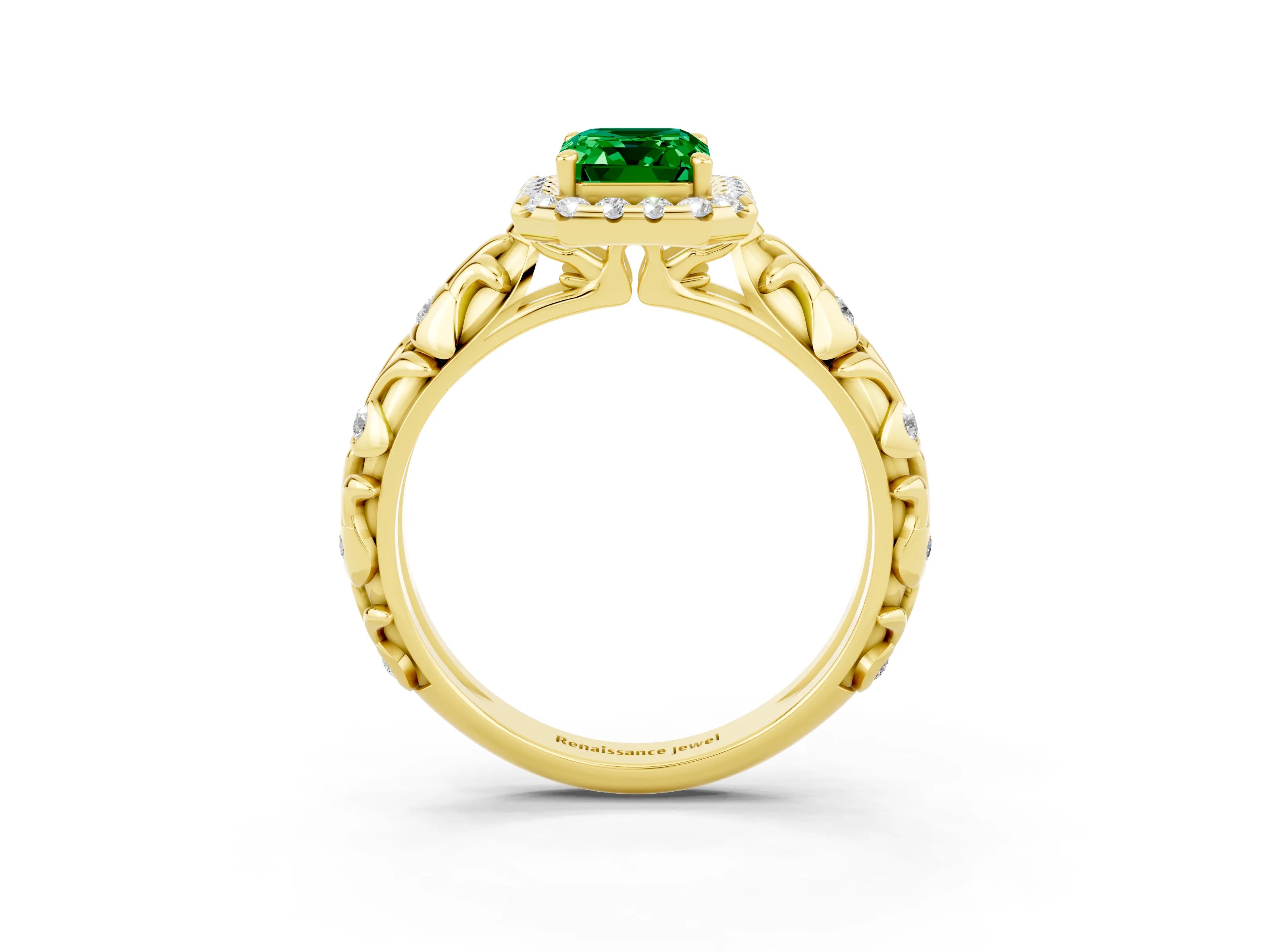Yellow gold Emerald Cut Halo Diamond Solitaire with Filigree Band and Four-Prong Setting_3