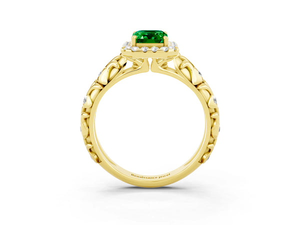Yellow gold Emerald Cut Emerald Halo Ring with Filigree Band and Prong Setting