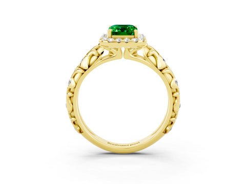 Yellow gold Emerald Cut Halo Diamond Solitaire with Filigree Band and Four-Prong Setting_3