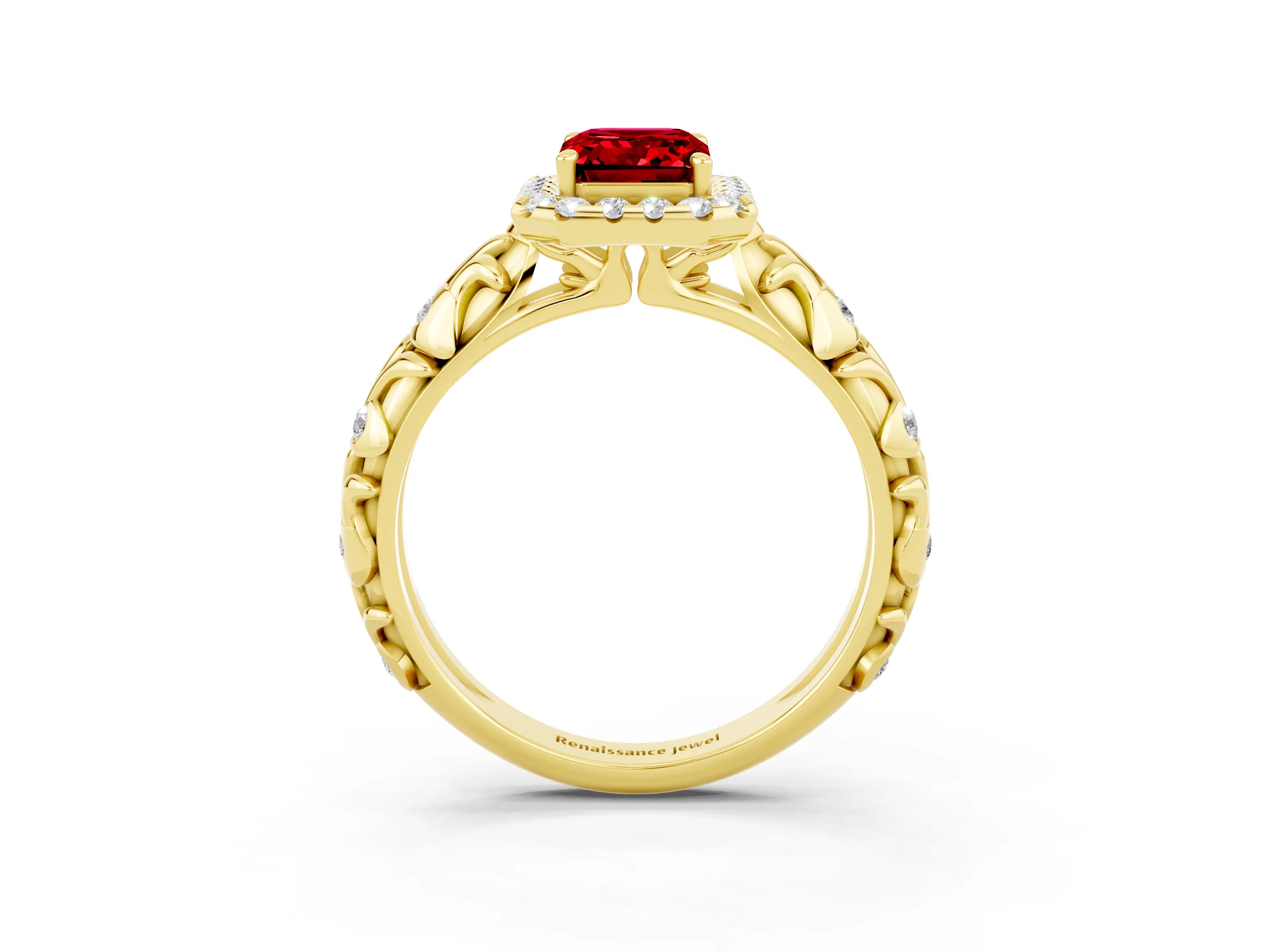 Yellow gold Emerald Cut Halo Diamond Solitaire with Filigree Band and Four-Prong Setting_3