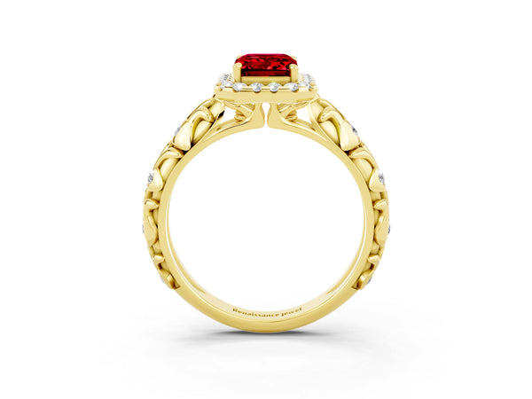 Yellow gold Emerald Cut Ruby Halo Ring with Filigree Band and Prong Setting