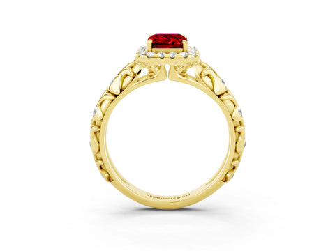 Yellow gold Emerald Cut Halo Diamond Solitaire with Filigree Band and Four-Prong Setting_3
